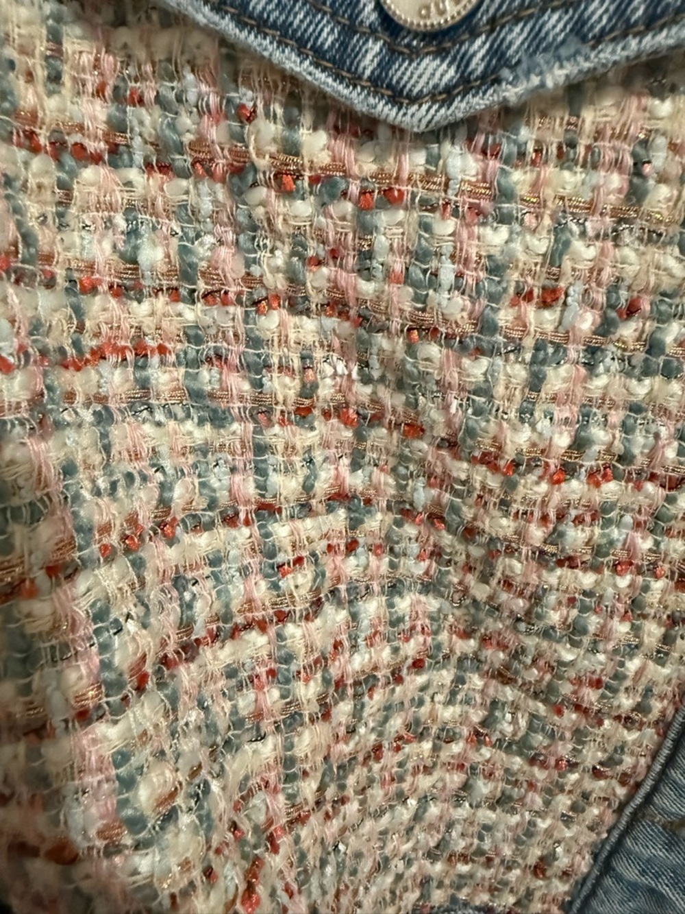 GUESS Light Blue Denim Jacket with Multicolor Tweed Panels - Picture 2 of 3